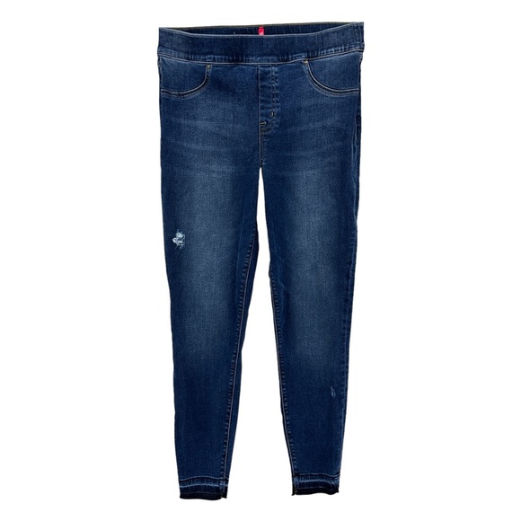 SPANX Skinny Distressed Jeans Pull On Raw Hem Blue - Picture 1 of 8